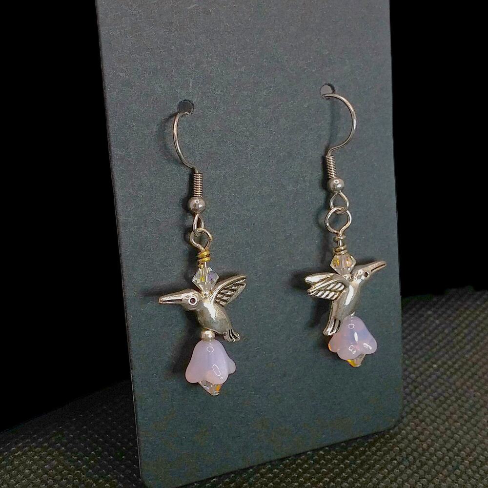 Artisan Dainty Hummingbird Earrings Opaque Pink Tibetan Silver Charms Floral NEW